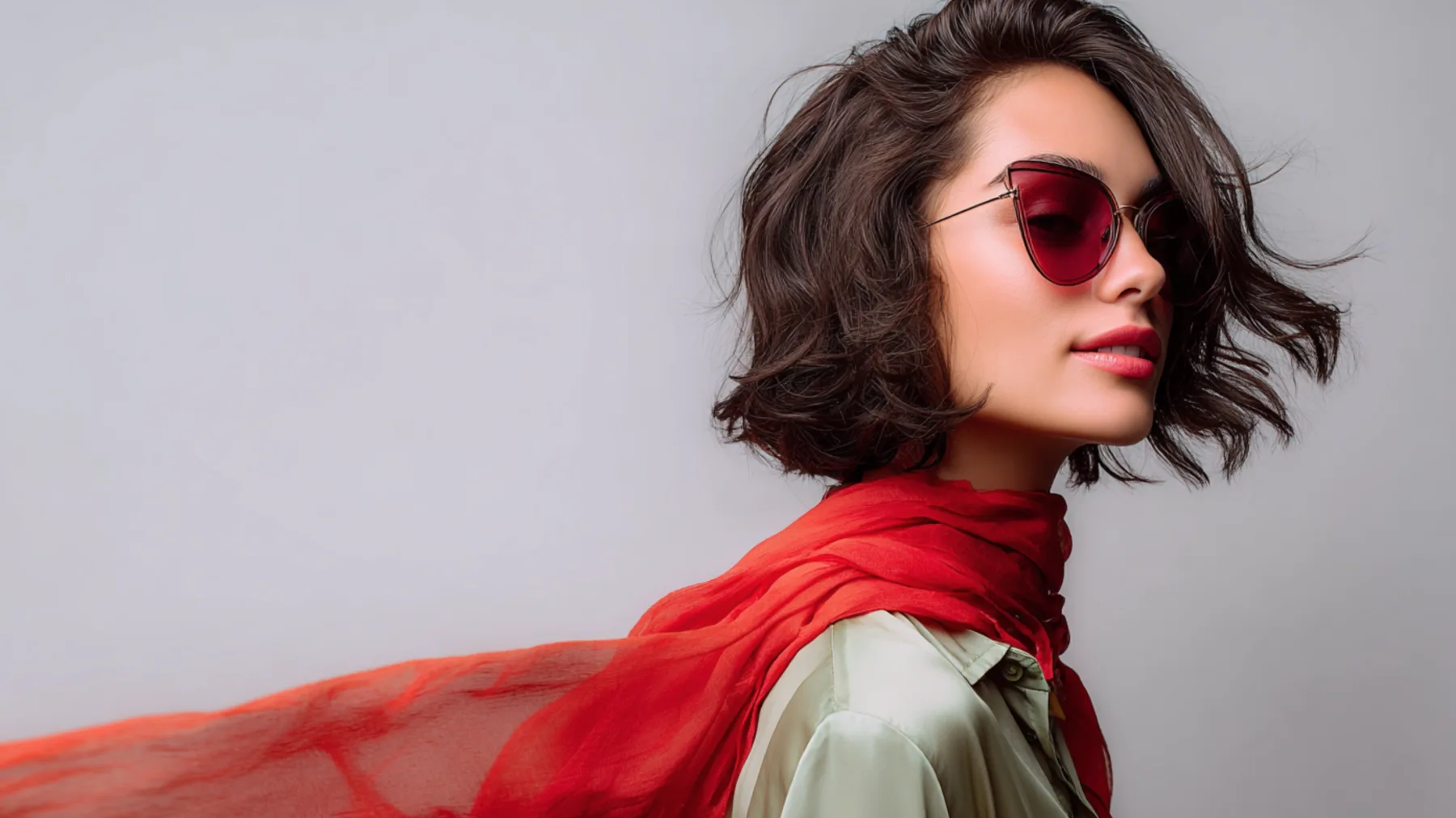 A woman with a dark bob wearing red-tinted sunglasses, a flowing red scarf and sage green shirt, photographed against a muted grey background