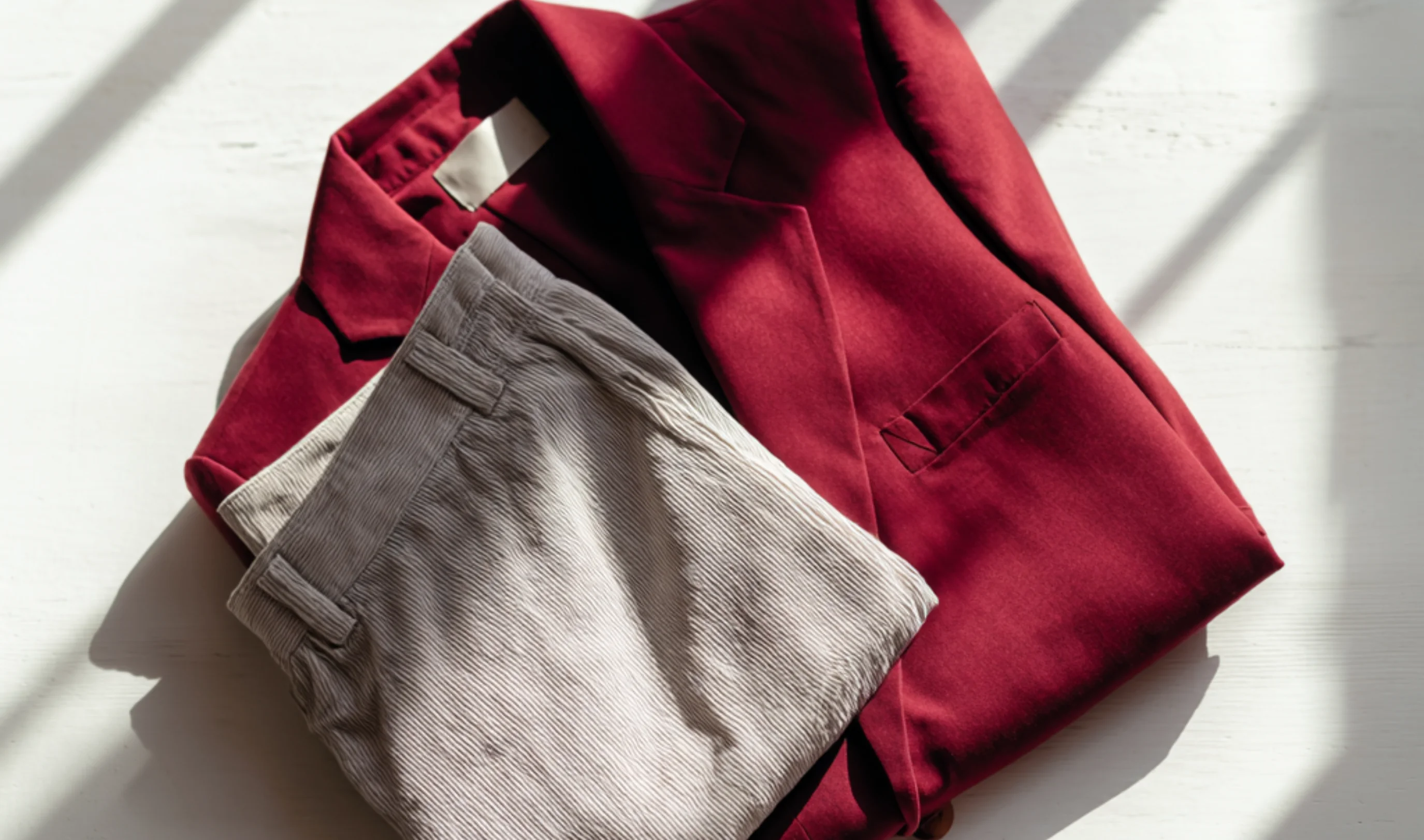 Folded deep red blazer and taupe trousers laid out in bright natural light