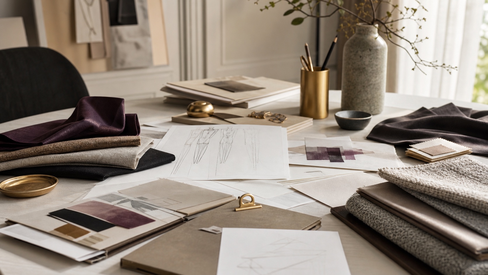 A refined atelier desk with fabric swatches and style identity notes